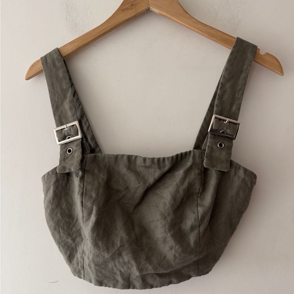 SEEK The‎ Label Army Green Crop Top 100% Linen Buckle Straps